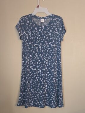 Kaileigh -  Blue Floral Short Sleeve Dress with White Blossoms